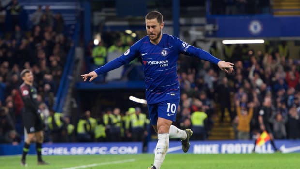 Eden Hazard pictured celebrating a goal for Chelsea against Brighton in April 2019